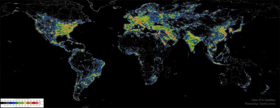 A flattened map of the Earth is shown illuminated only by
how bright the night sky is.
Please see the explanation for more detailed information.