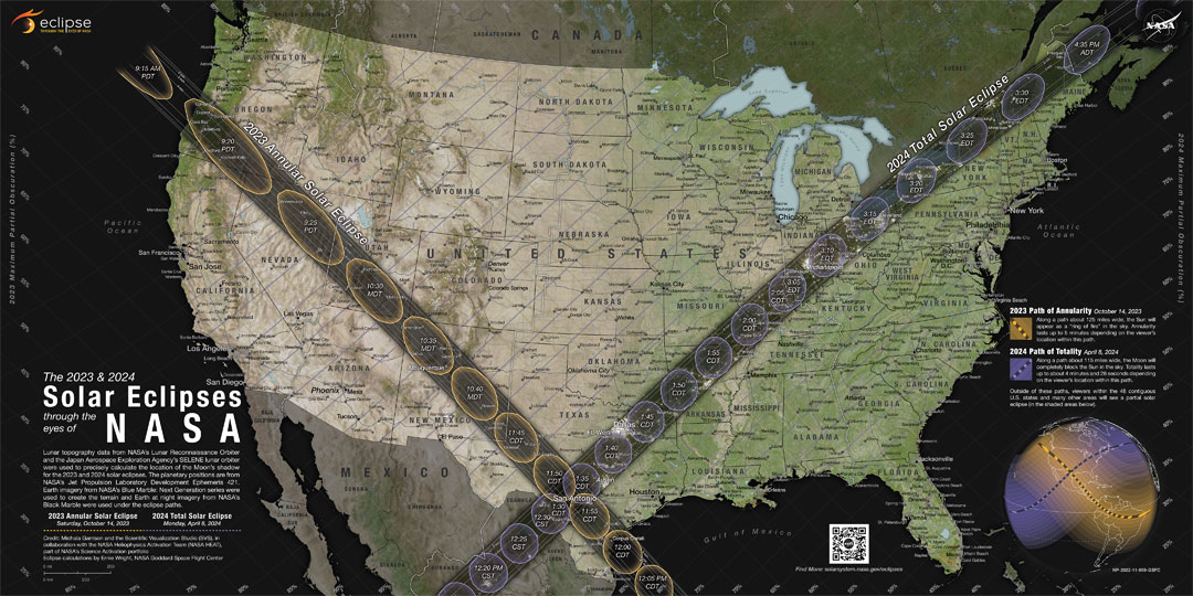 A map of the USA is shown with the path of the  greatest darkness of two solar eclipses shown in dark colors.   Please see the explanation for more detailed information.