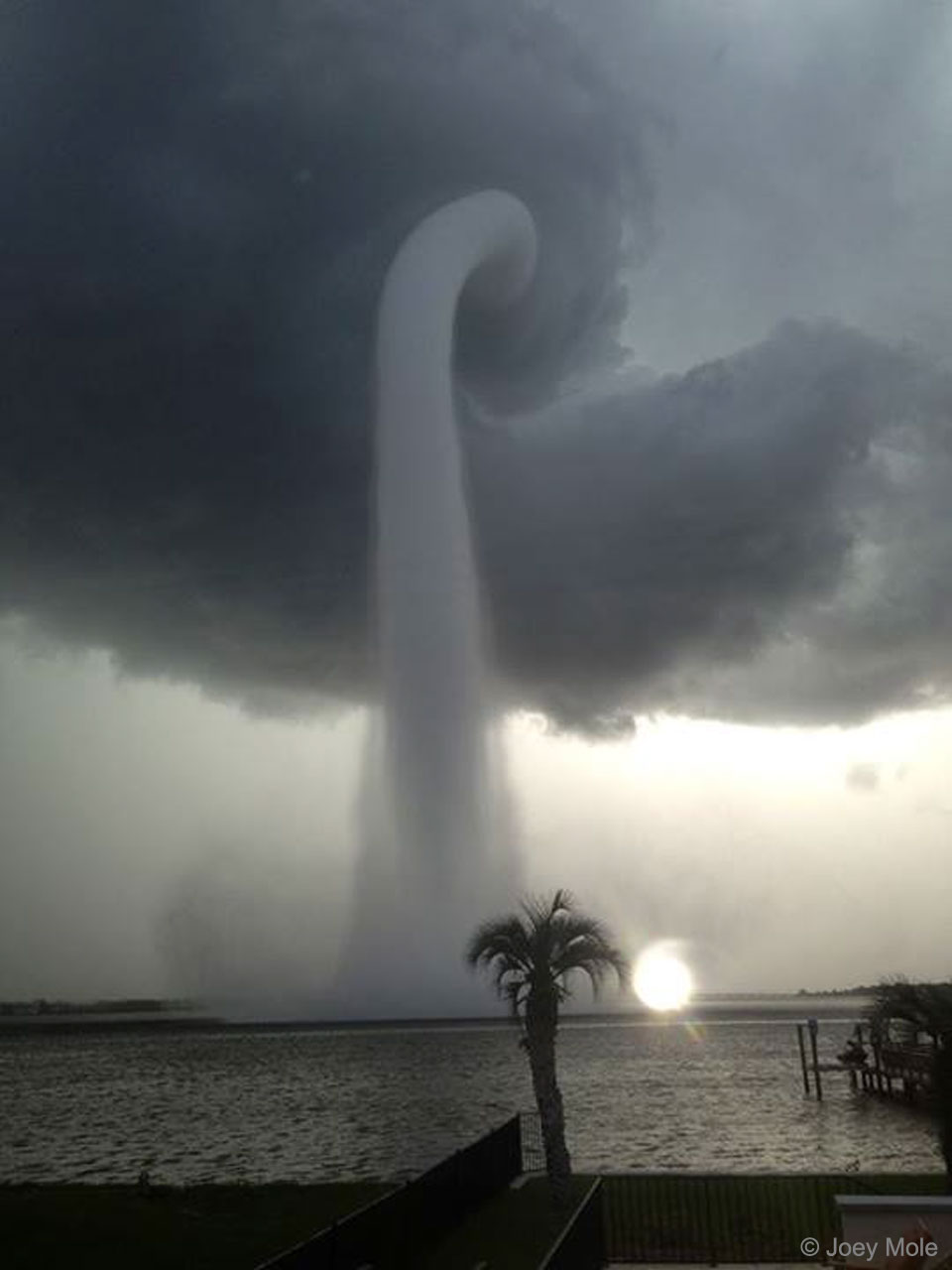 A thin gray funnel cloud is pictured connecting water
at the bottom to a cloud near the top. 
Please see the explanation for more detailed information.