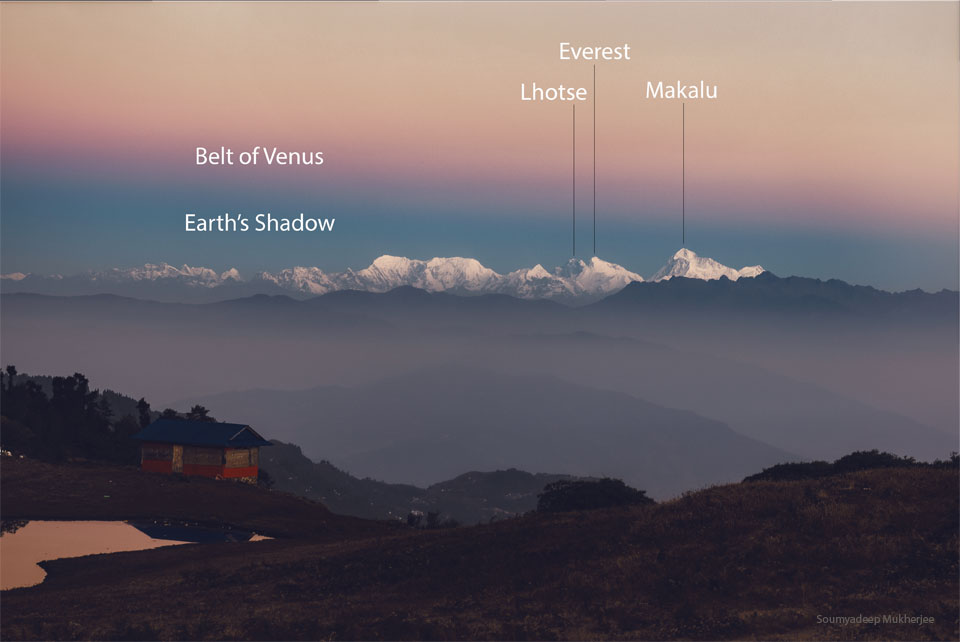 An orange sky hovers above snow-covered mountains. A blurry line
divides the orange sky from a darker sky. In the foreground are hills
and a house.
Please see the explanation for more detailed information.