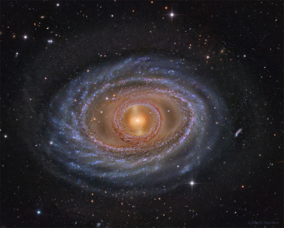 A spiral galaxy is shown with a yellow center, blue rings and spiral arms, and dark brown and red dust. The surrounding dark field contains both local stars and more distant galaxies. Please see the explanation for more detailed information.