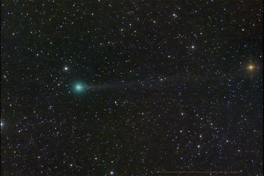 A dark starfield is shown with a dim green blur in the middle.
Faintly extending from the green blur is a tail toward the left.
Please see the explanation for more detailed information.