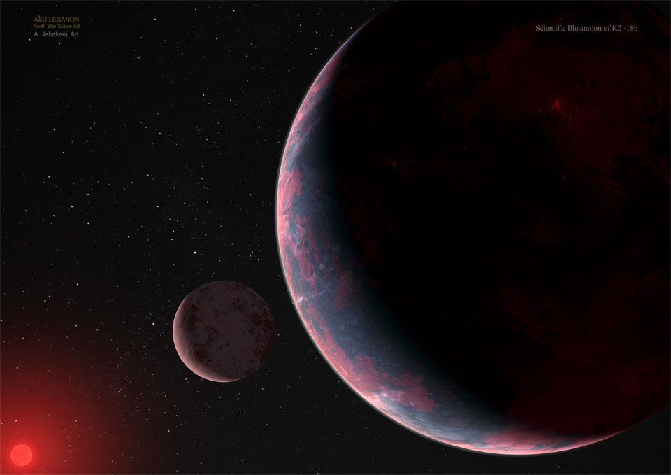 An artist's illustration pictures a cloudy red planet
orbiting a distant red star. Near the exoplanet is a moon.
Please see the explanation for more detailed information.
