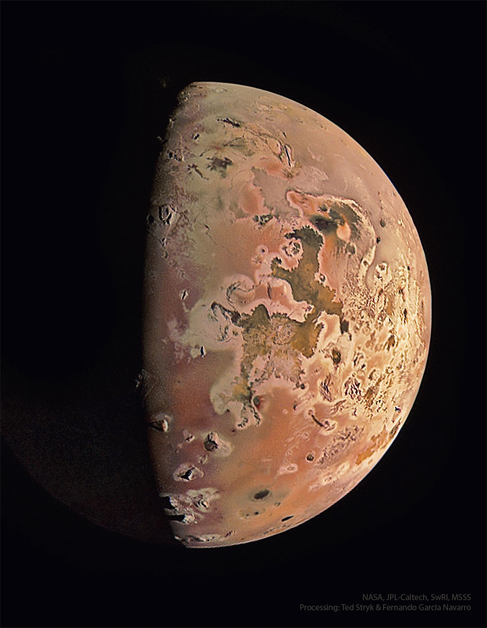 Jupiter's moon Io is shown as photogaphred recently by NASA's passing Juno spacecraft. The moon is nearly half- lit by the distant Sun and shows a complex surface including the colors yellow, orange, and dark brown. Near the top, the plume of an active volcano can be seen. Please see the explanation for more detailed information.