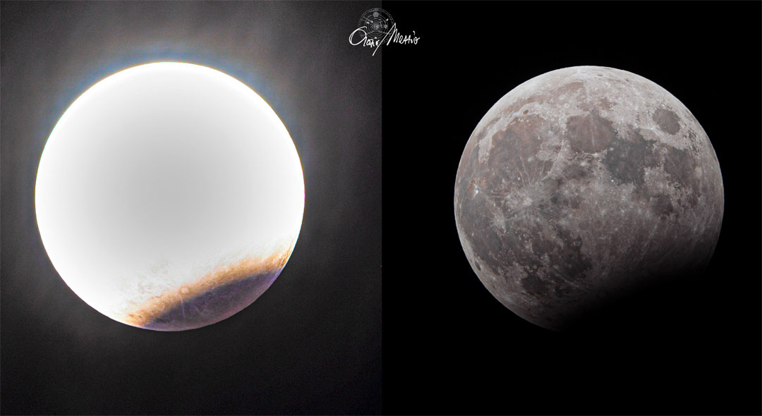 Two images of a partial lunar eclipse are shown. On the left
the image is overexposed everywhere except the bottom right where
the eclipsed part of the Moon is visible. On the right image most
of the image is normally exposed but the bottom right part is dark.
Please see the explanation for more detailed information.