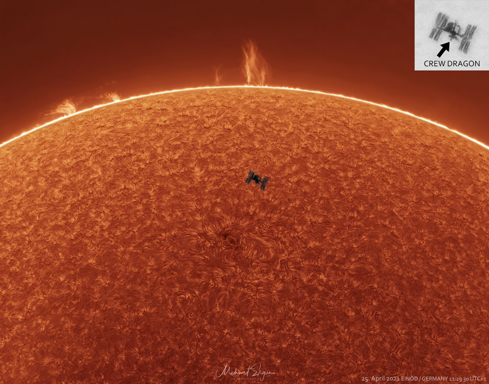 A silhouette of the International Space Station (ISS) is pictured 
in front the top of the Sun, shown with great detail.
An inset image shows where on the ISS the Dragon capsule is docked.
Please see the explanation for more detailed information.