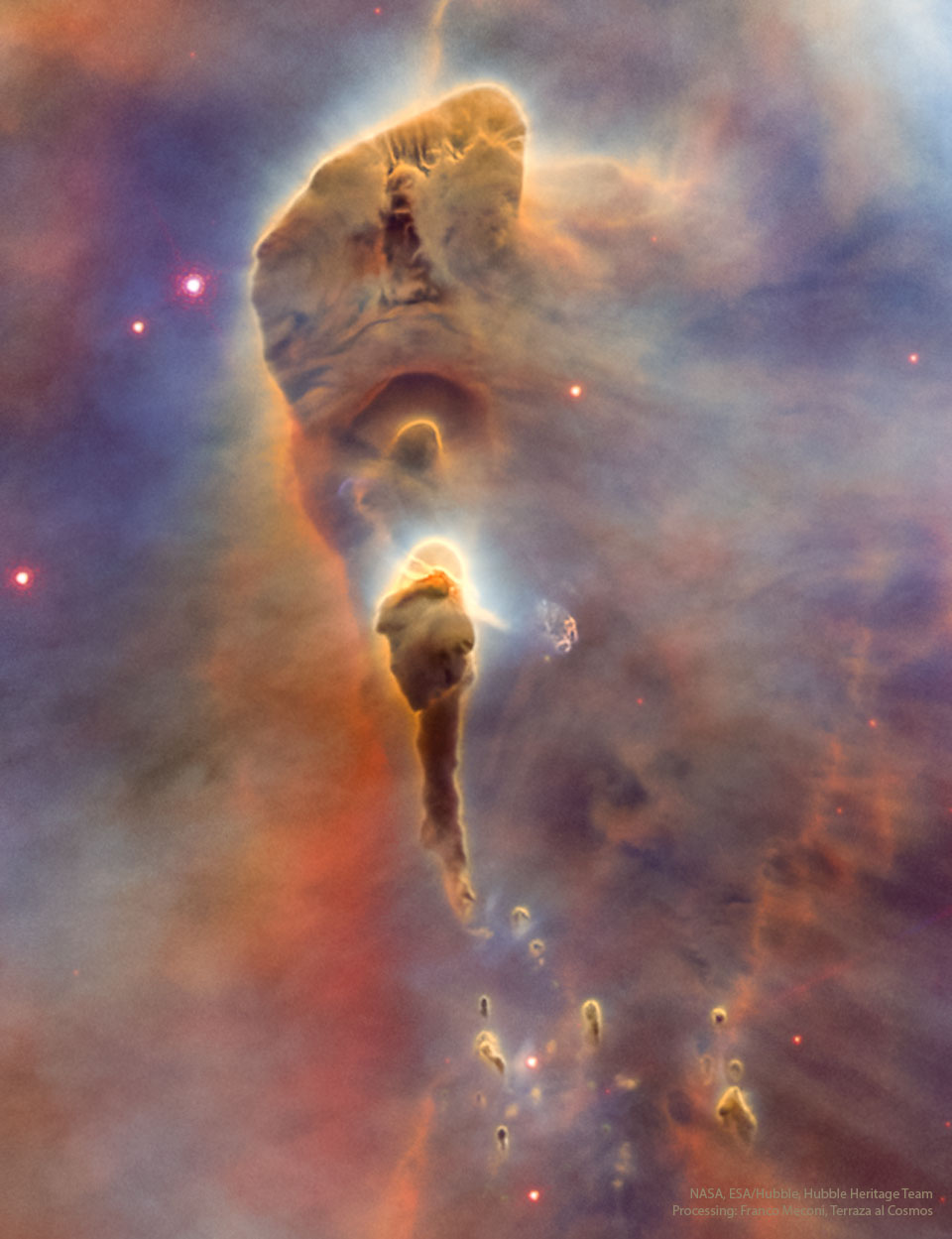 Brown dust pillars in the Carina Nebula are shown. 
Many appear like a torch since their ends are lit up with
starlight.
Please see the explanation for more detailed information.