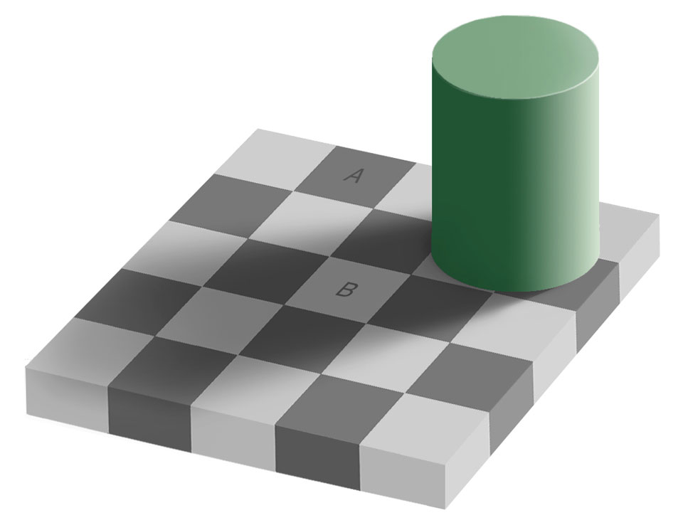 A checkerboard is shown with squares colored light and dark grey. A green tube sits on the board and casts a shadow. The image has a letter A typed on a dark square, and a letter B types on a light square cast in shadow. The question is asked if the two squares, A and B, are really the same color. Please see the explanation for more detailed information.