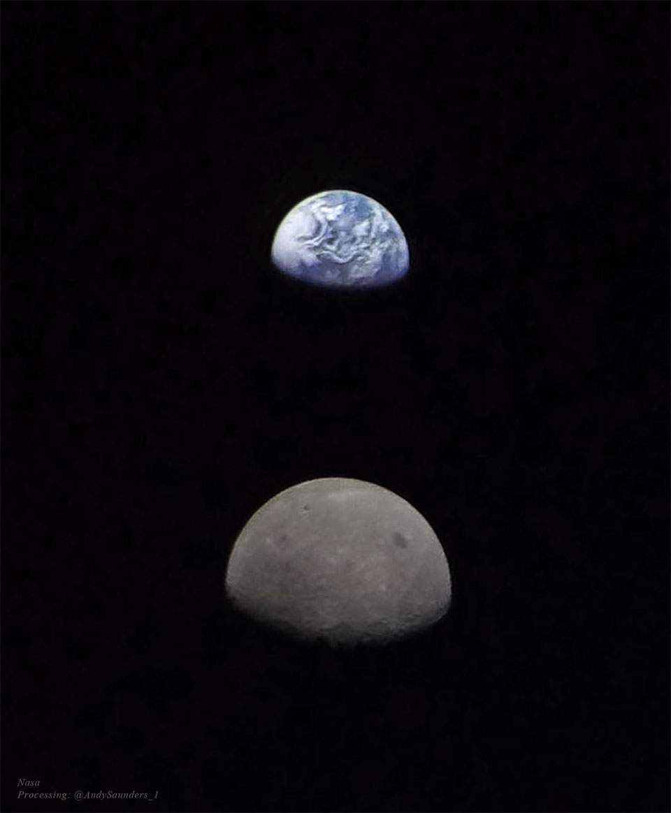 The Moon and the Earth are pictured before a black background.
The Moon appears brown and slightly larger due to its closer 
proximity to the Artemis 1 camera. The Earth is seen as a cloudy
blue orb above the Moon.
Please see the explanation for more detailed information.