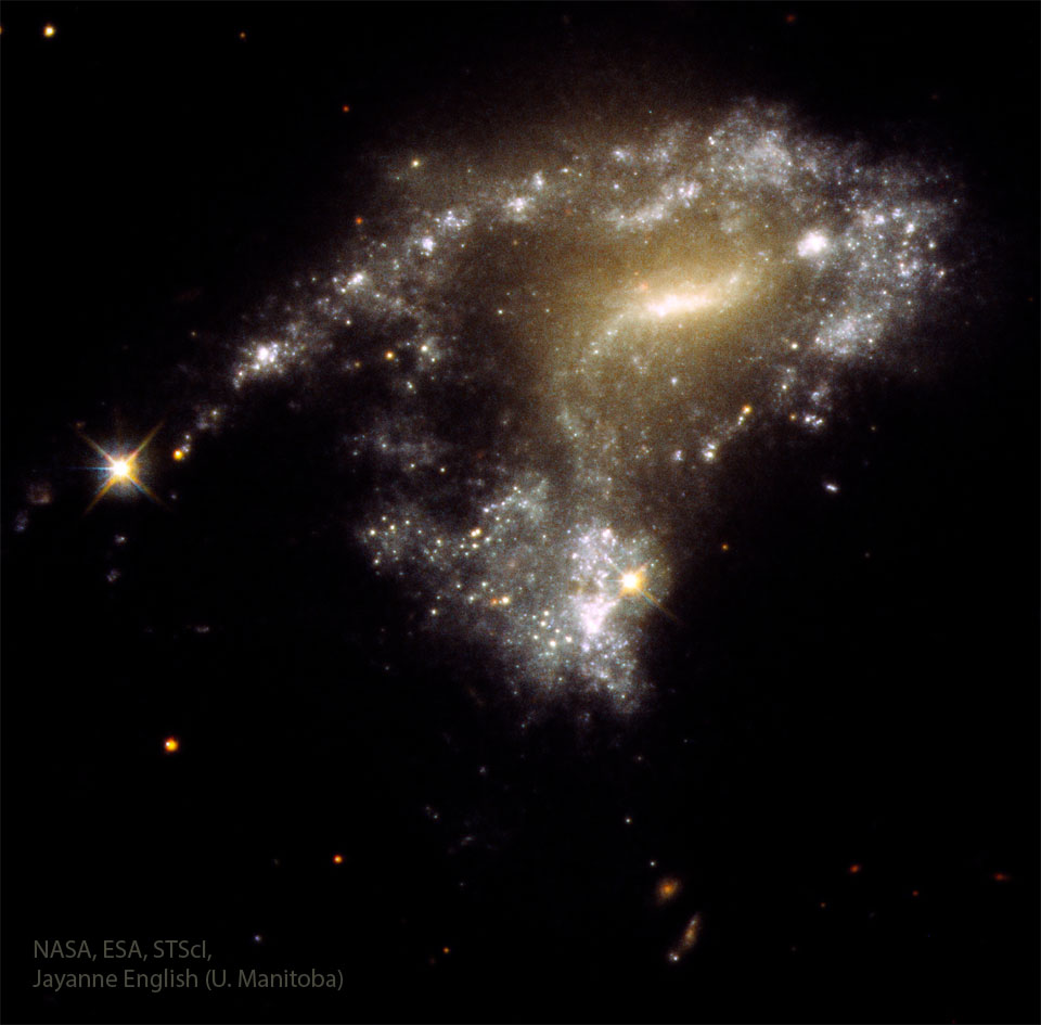 A distorted galaxy is shown with a string of
stars trailing off on the left.
Please see the explanation for more detailed information.