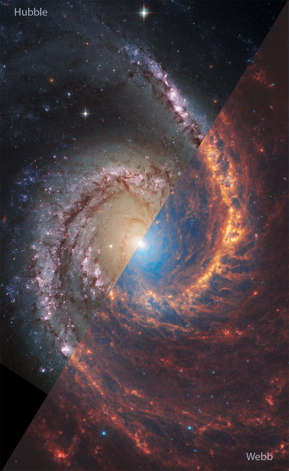 Spiral galaxy NGC 1566 is shown with an image from Hubble
primarily in visible light on the upper left, and an image from
Webb in primarily infrared light on the lower right. A rollover
image shows the same galaxy with the Webb and Hubble parts
reversed.
Please see the explanation for more detailed information.