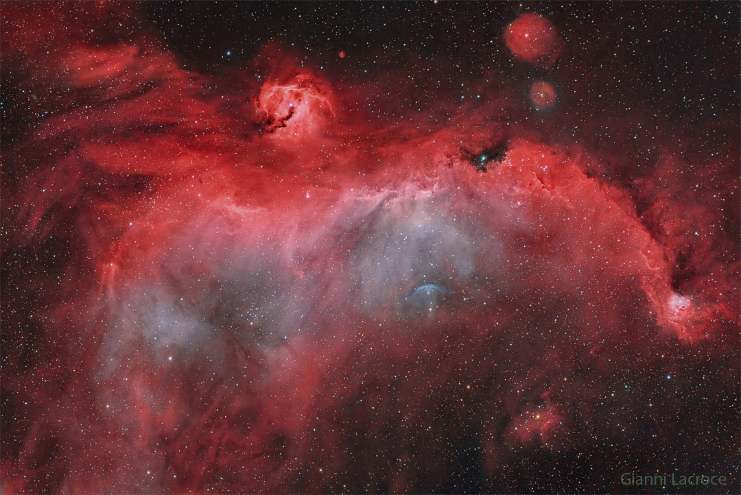 A starfield features a large nebula, mostly red, partly blue,
which seems to have the shape of a bird. 
Please see the explanation for more detailed information.
