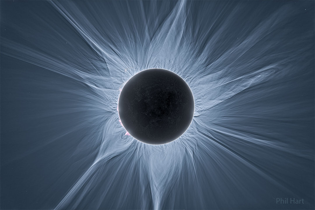 Vista detallada de la corona de un eclipse solar