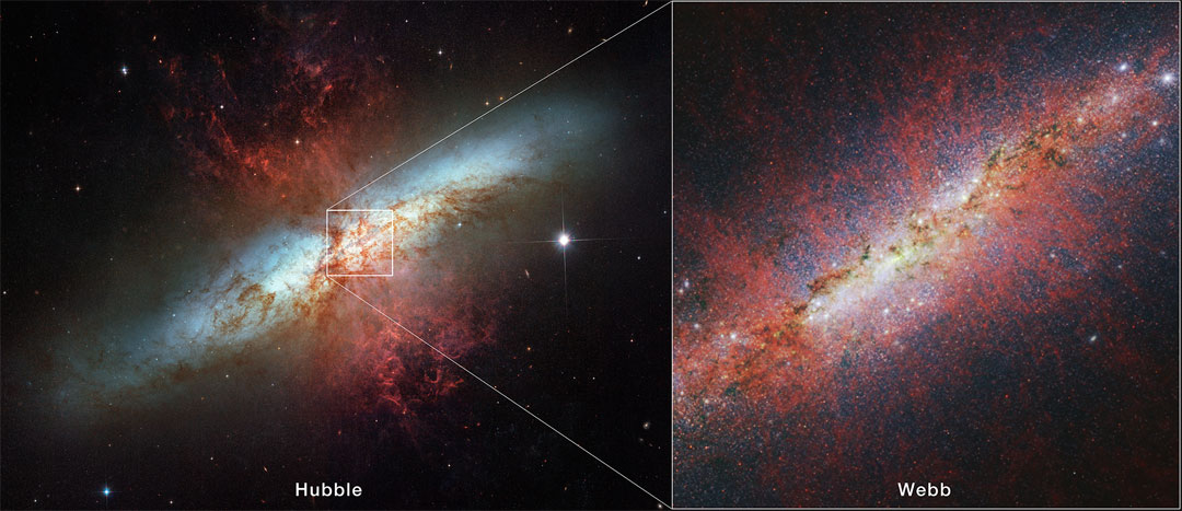 The Cigar Galaxy from Hubble and Webb