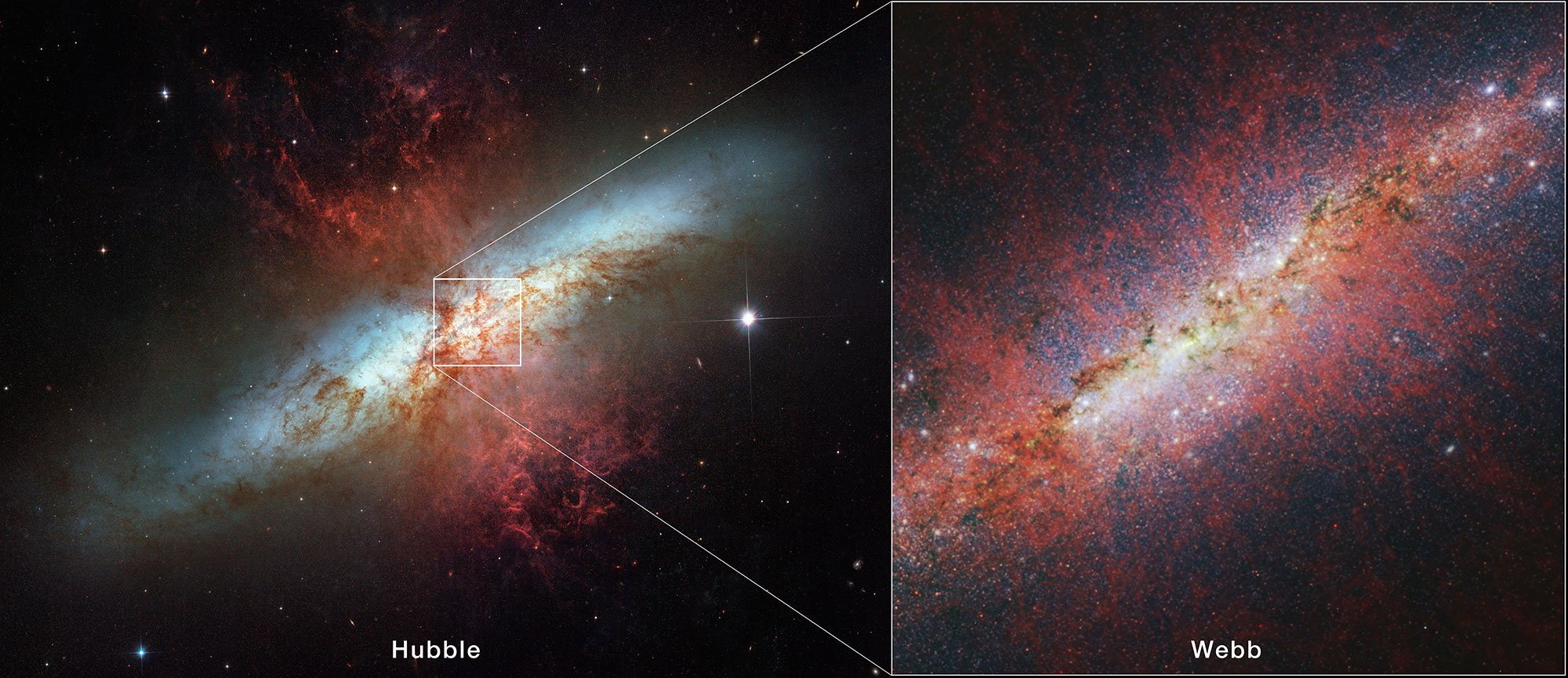 La Galaxia del Cigarro desde Hubble y Webb