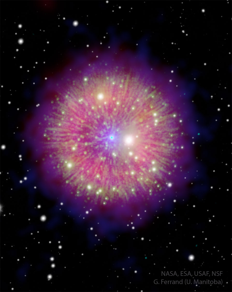 A nebula is shown that appears like a firework. Radial
filaments connect a glowing halo to a star in the center
that appears as a blue dot. 
Please see the explanation for more detailed information.