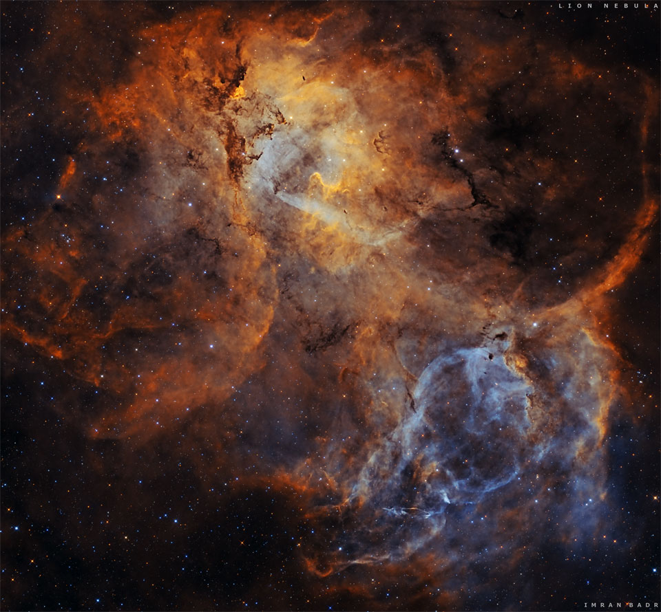 A starfield is shown with a large colorful emission
nebula in the center. The outline of this emission
nebula has a resemblance to a lion.
Please see the explanation for more detailed information.