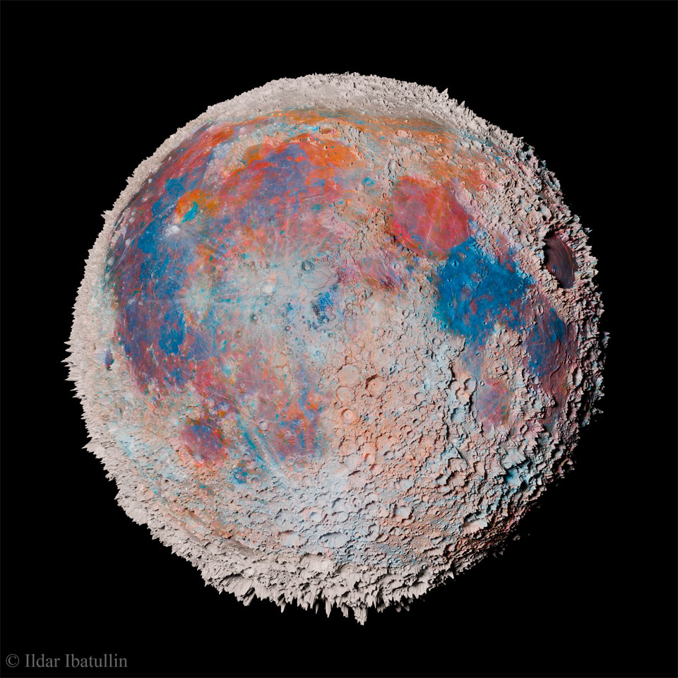 Die Mondkugel ist mit stark überhöhtem Höhenprofil dargestellt, die Farben sind ebenfalls verstärkt und zeigen die Zusammensetzung der Regionen. © Ildar Ibatullin