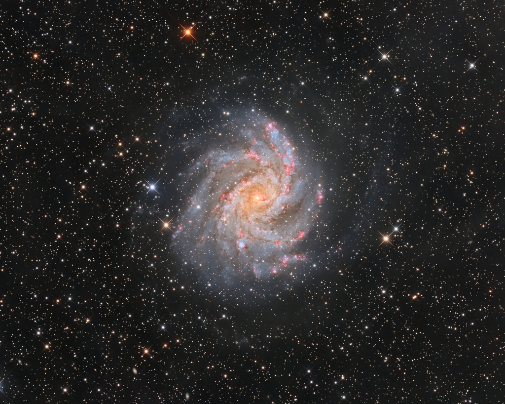 Mitten in einem Sternfeld leuchtet eine Spiralgalaxie, die an ein Feuerrad erinnert. In den Spiralarmen befinden sich viele rote Sternbildungsregionen und blaue Sternhaufen.