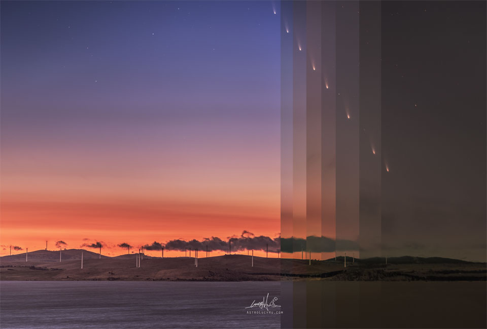 A sunrise sky is shown over water and trees. The horizon  is orange and the top of the image is deep blue. On the far   right vertical bands are shown becoming progressively darker.   In each band a comet appears, with the comet appearing   increasingly near the top of the image on lighter bands.  The main part of the image on the left is the lightest.   Please see the explanation for more detailed information.