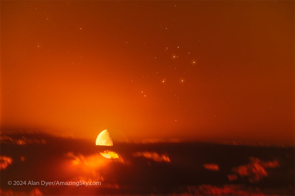 The featured image shows an orange sky  with clouds across the bottom and several bright stars  near the top center. Just at the top of the cloud deck   on the left is a half-lit Moon.   Please see the explanation for more detailed information.