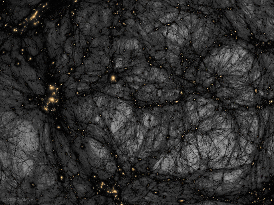 A complicated web of dark filaments is seen against  a light background. When many filmaments intersect, an  orange spot is seen.   Please see the explanation for more detailed information.