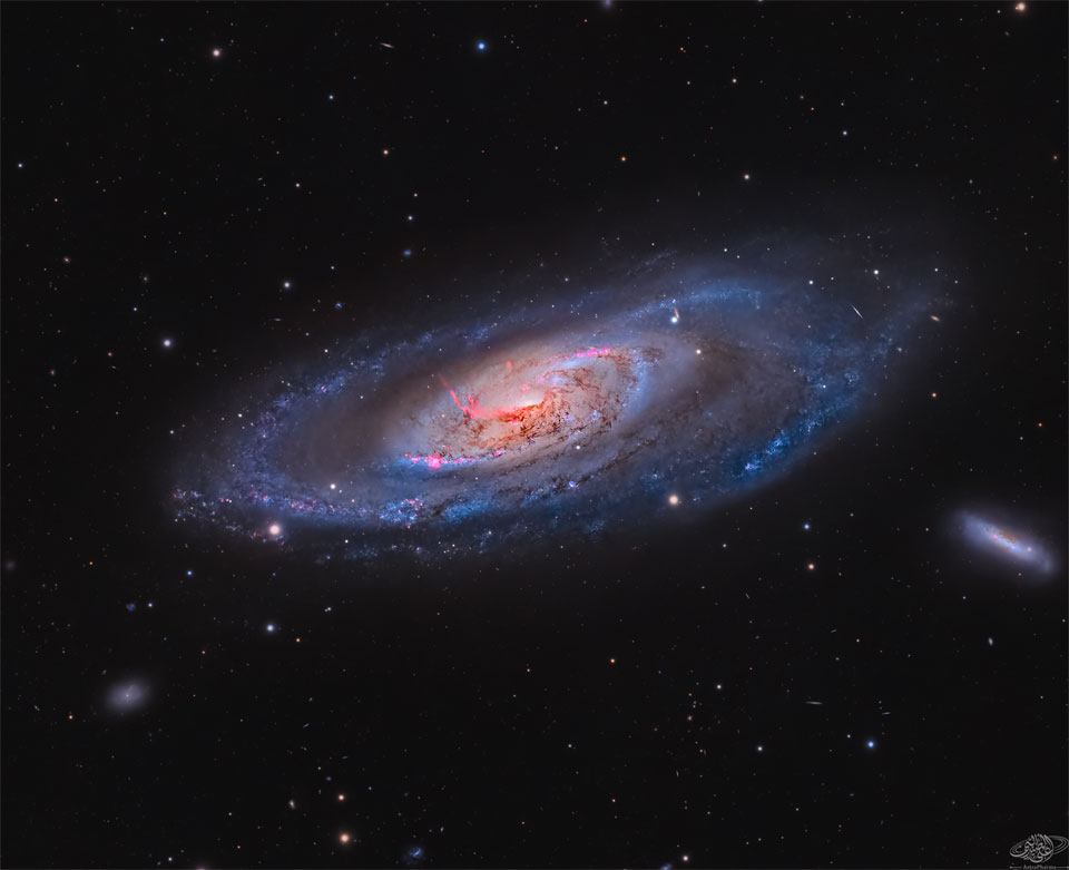 A spiral galaxy with blue spiral arms and a bright   center is shown. The galaxy is surrounded by foreground   stars and two smaller galaxies. In the galaxy's center  are dark brown dust and red emission filaments.  Please see the explanation for more detailed information.