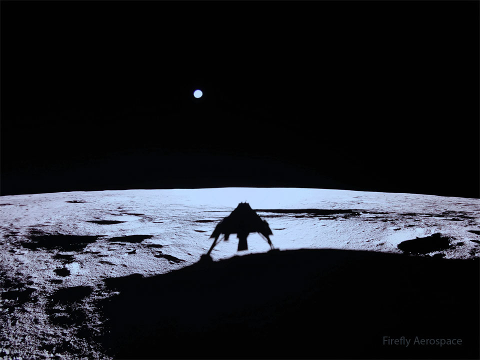 A dark sky is shown above a bright desolate landscape.  The landscape is the Moon and large shadows appear, with  one being the shadow of lunar lander. A bright dot appears  over the horizon that is distant planet Earth.   Please see the explanation for more detailed information.