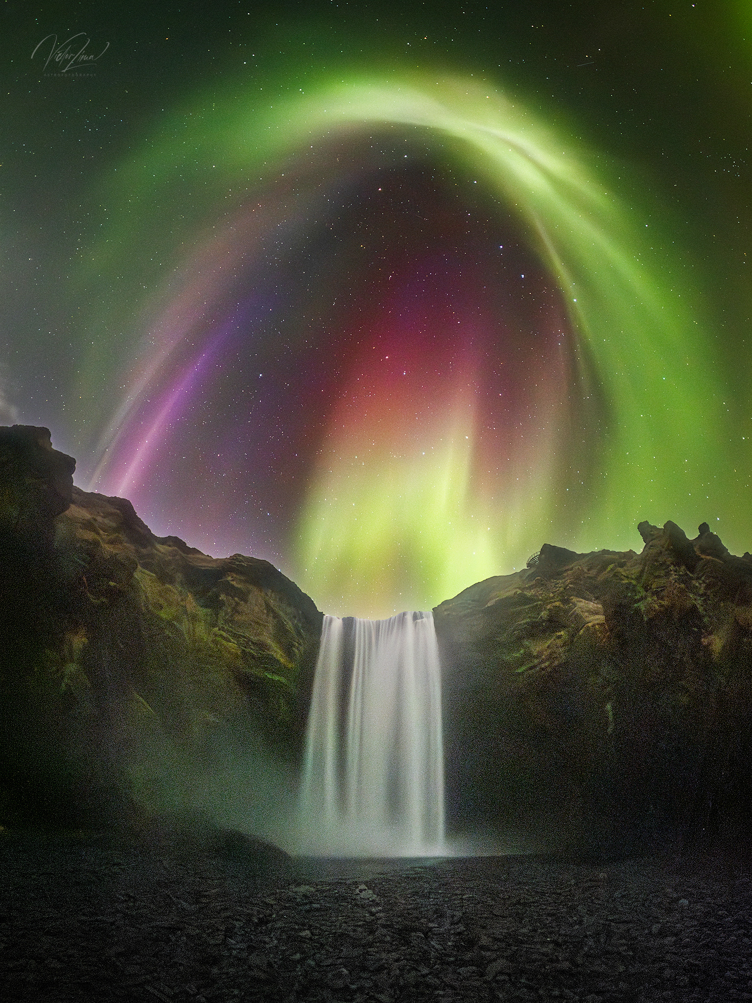 Colorful Aurora over Icelandic Waterfall