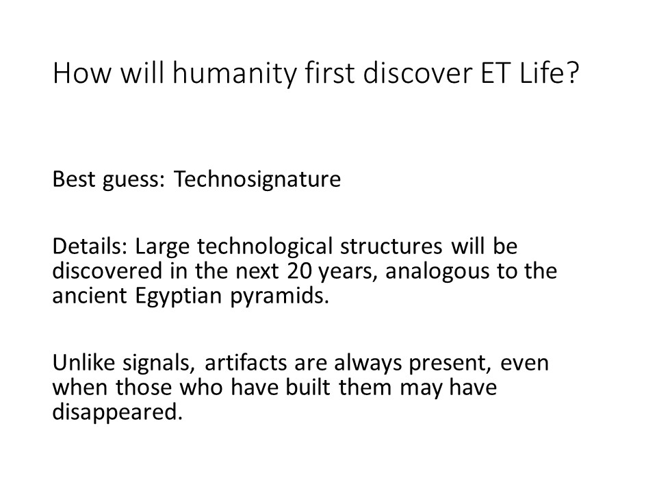 How will humanity first discover ET Life?
Best guess: Technosignature
Details: Large technological structures will be discovered in the next 20 years, analogous to the ancient Egyptian pyramids.
Unlike signals, artifacts are always present, even when those who have built them may have disappeared.