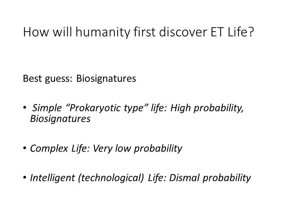 How will humanity first discover ET Life?
Best guess: Biosignatures
Simple �Prokaryotic type� life: High probability, Biosignatures
Complex Life: Very low probability
Intelligent (technological) Life: Dismal probability