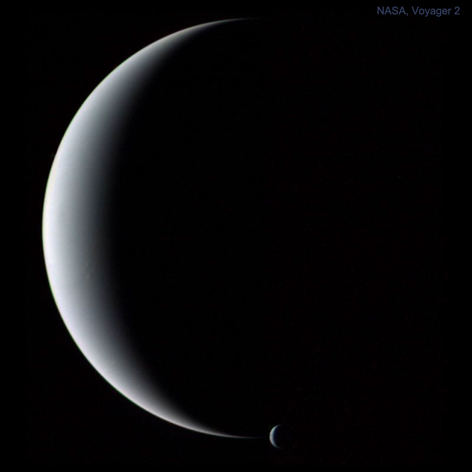 The picture shows the planet Neptune and its moon Triton,
both in crescent phases, as captured by the passing Voyager
2 spacecraft in 1989.
Please see the explanation for more detailed information.