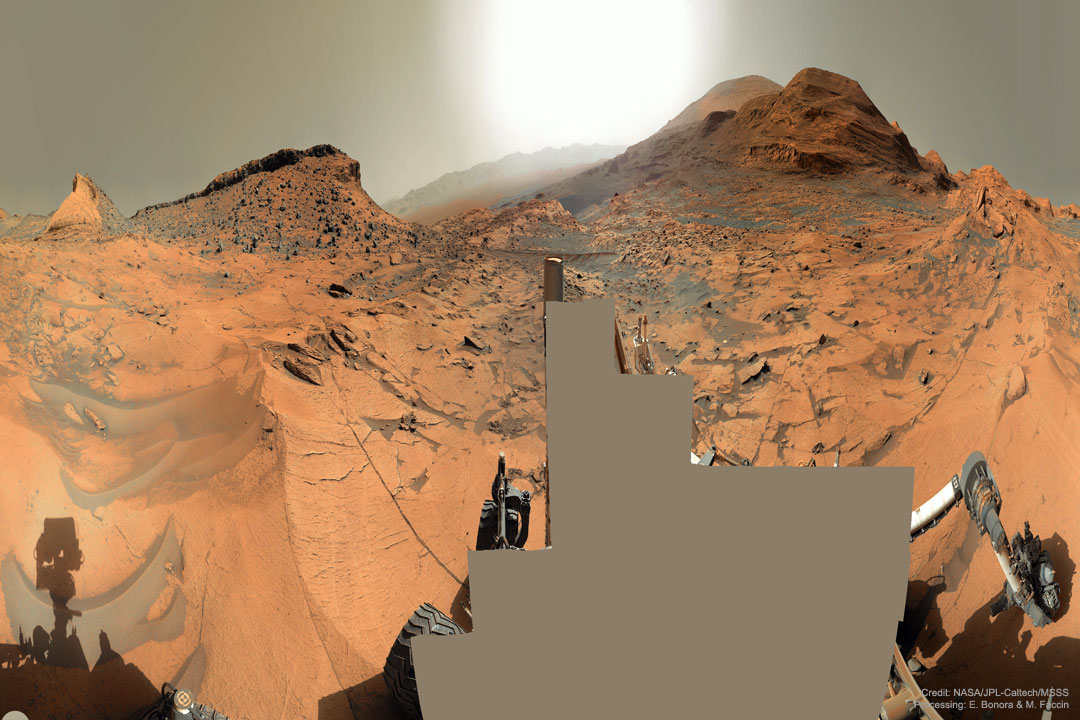 The picture shows a panorama of the surface of Mars
taken in early 2021 September from NASA's Curiosity rover.
Please see the explanation for more detailed information.