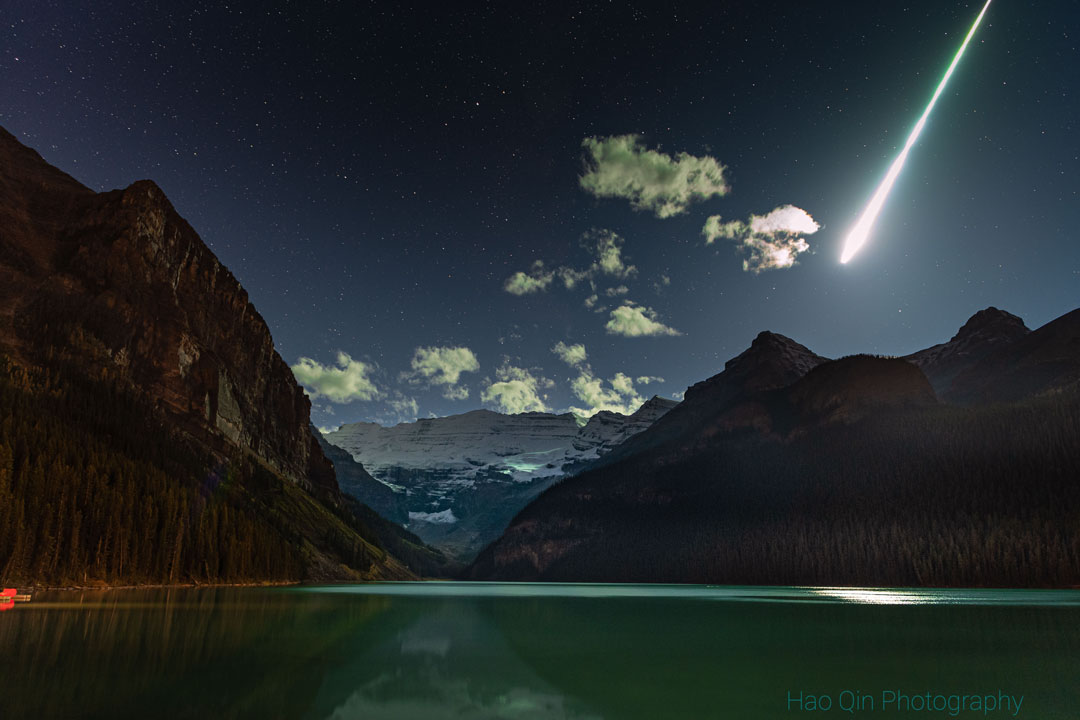 The picture shows a bright meteor fireball 
over Lake Louise in Alberta, Canada. 
Please see the explanation for more detailed information.