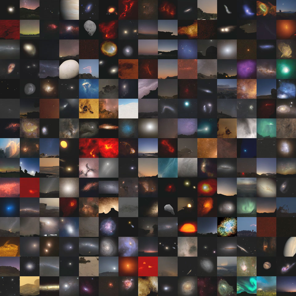 The picture shows 244 astronomy images faked using
artificial intelligence -- and one real astronomy image
chosen from APOD.
Please see the explanation for more detailed information.
