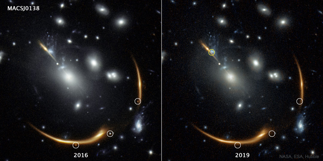 The picture shows two images of a galaxy cluster. 
One image shows three images of the same background supernova,
while the other image shows they have all disappeard.
Please see the explanation for more detailed information.