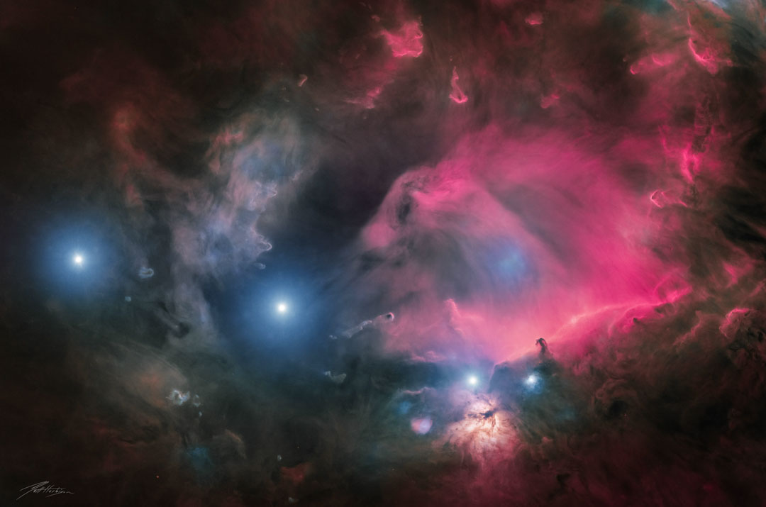 The featured image shows the belt of three stars in the
constellation of Orion with surrounding dust and gas 
but with all of the other stars removed.
Please see the explanation for more detailed information.