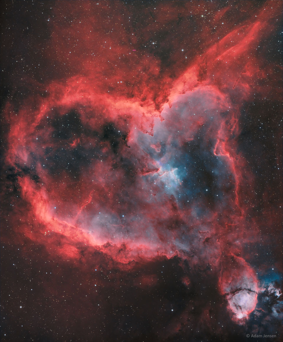 The featured image shows what IC 1805 the Heart
Nebula including an internal star cluster and internal 
pillars of gas and dust.
Please see the explanation for more detailed information.