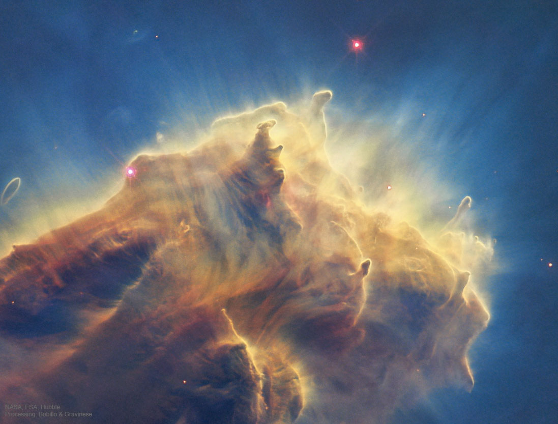 The featured image shows bright globules at the
end of an Eagle Nebula dust pillar. Called EGGS, these globules will 
likely form into stars. 
Please see the explanation for more detailed information.