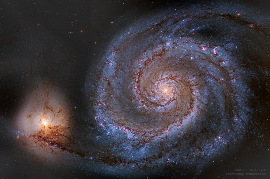 The featured image shows the nearby Whirlpool Galaxy
cataloged as Messier 51. Detail spiral arms of this spiral
galaxy are visible, as well as its interaction with a 
smaller galaxy on the image left.
Please see the explanation for more detailed information.