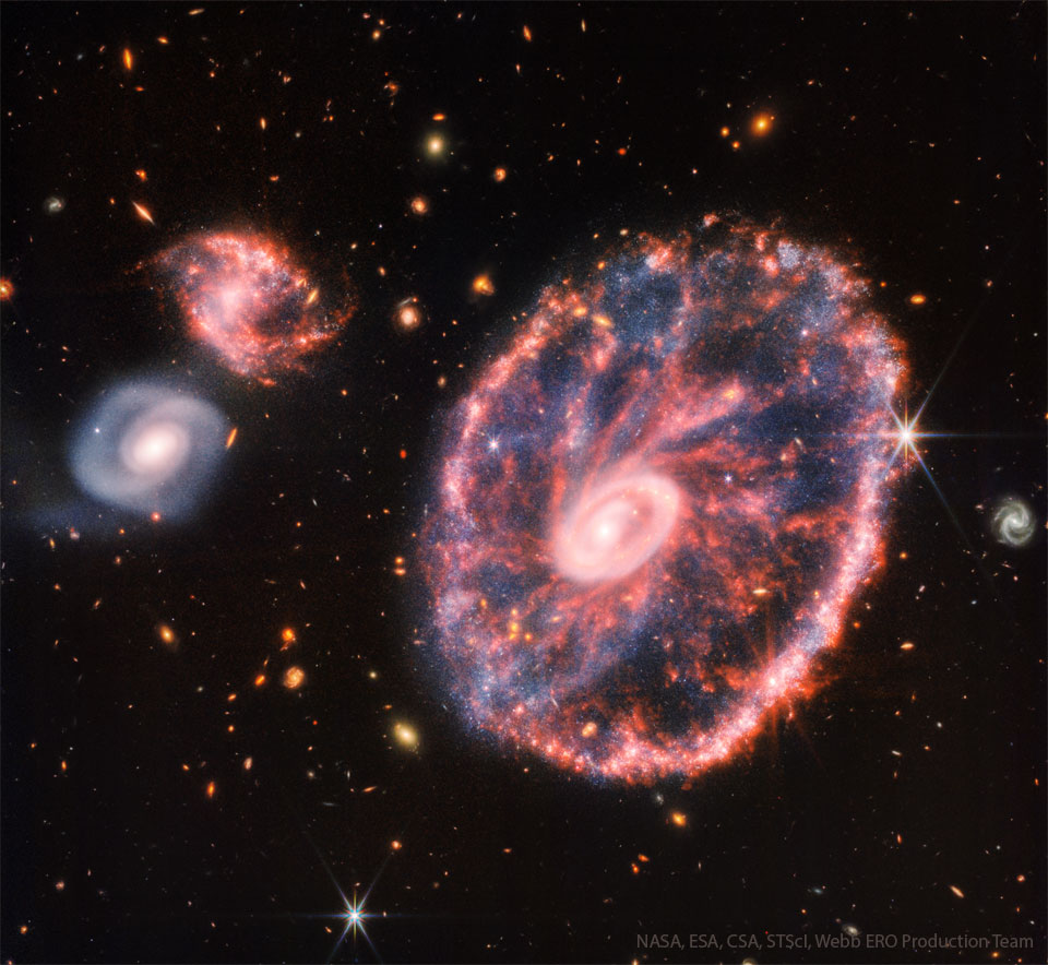 The featured image shows the interacting Cartwheel
Galaxy as captured in visible and infrared light by the
Webb Space Telescope.
Please see the explanation for more detailed information.