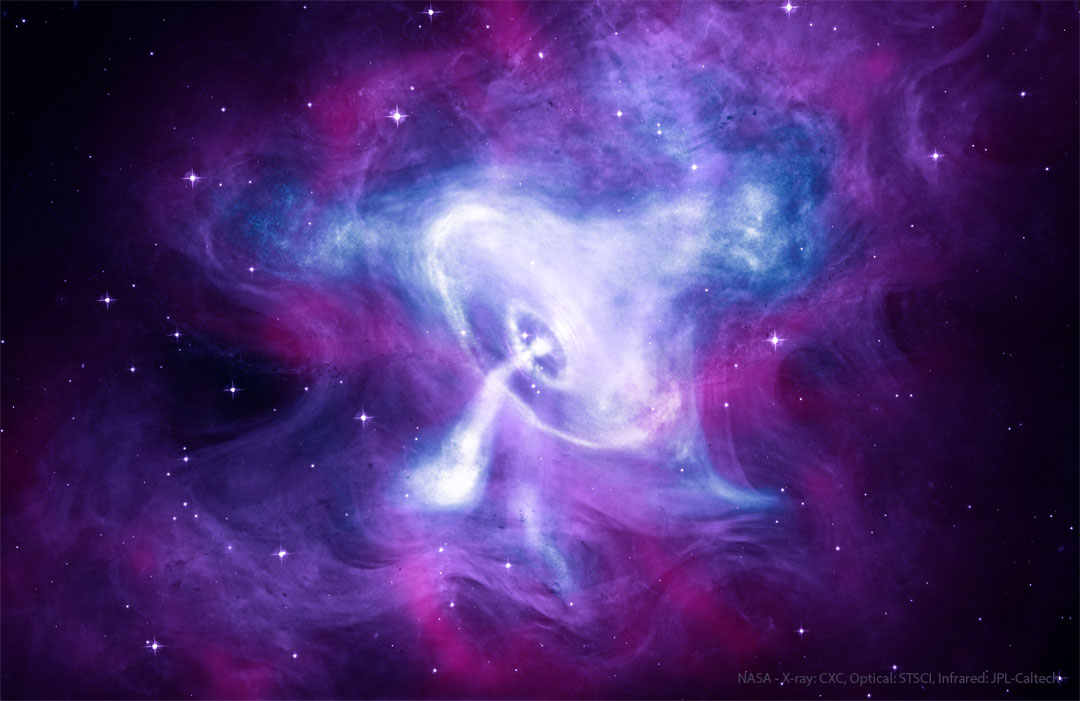 The featured image shows the center of the Crab Nebula
in colors mapped to Hubble, Chandra, and Spitzer space 
telescopes. The Crab pulsar appears in the center surrounded
by a spinning disk.
Please see the explanation for more detailed information.