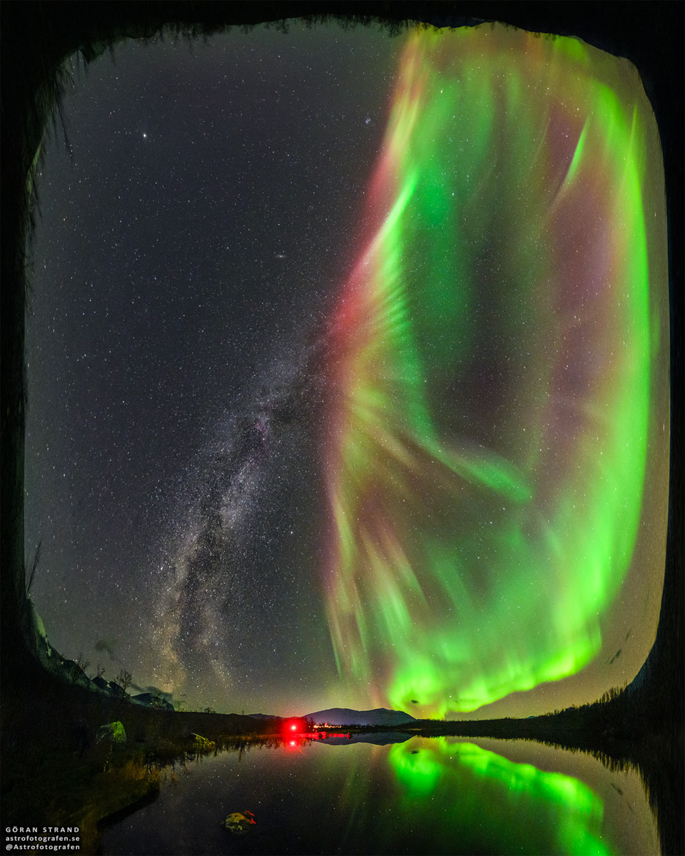The featured image shows a foreground lake in Sweden
with the Milky Way Galaxy above in on the left and a green
auroral over on the right. At first glance, it may look like
the aurora is a flower growing out of the Milky Way stem.
Please see the explanation for more detailed information.