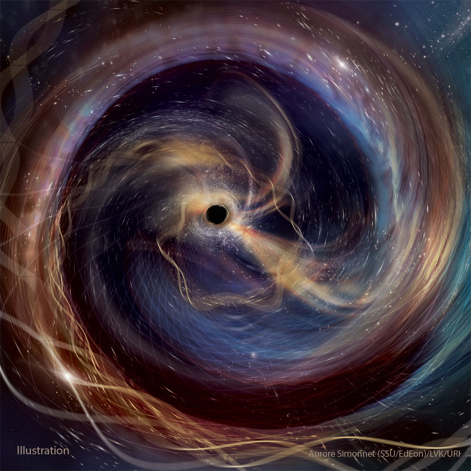 Artwork depicts a colorful version of two black 
holes nearing collision from between the black holes.
Swirling gas is depicted with wavey lined depicting
gravitational waves ringing and an artificial grid
depicting spacetime shown distorting. 
Please see the explanation for more detailed information.