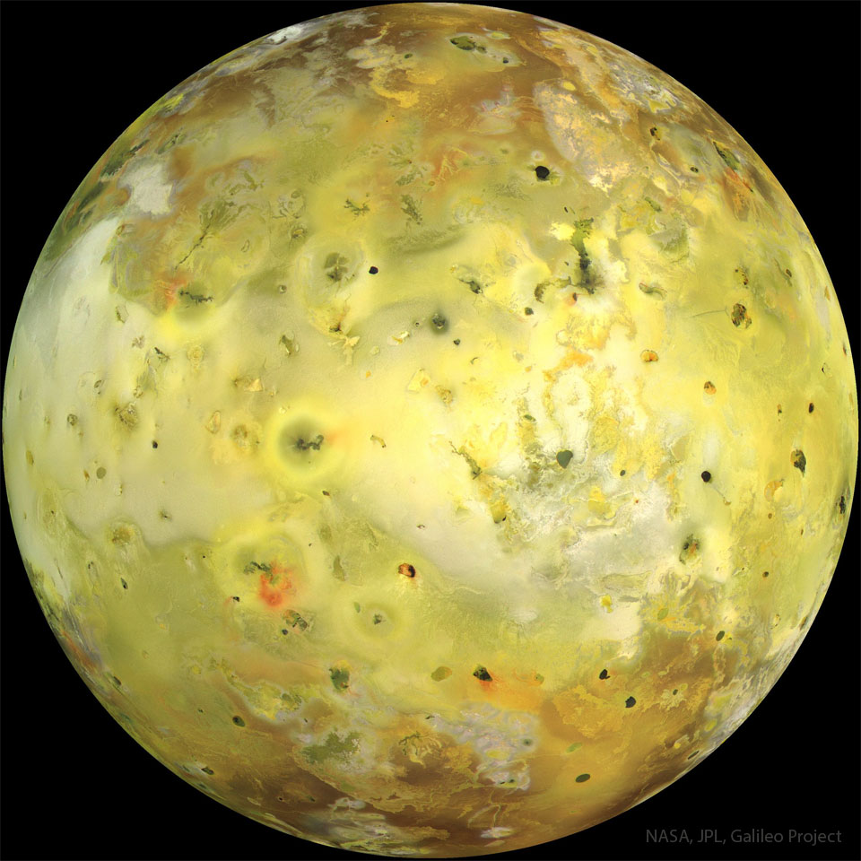 A big ball that is mostly yellow is shown. 
The ball has many circular and irregular regions
that are different colors, typically brown or 
olive green. 
Please see the explanation for more detailed information.