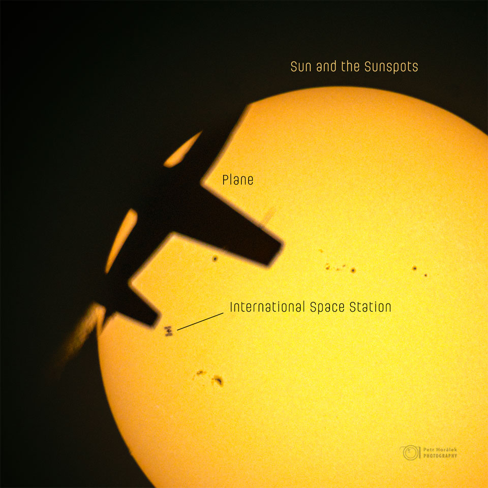 An image of the Sun is shown with several dark 
silhouettes superposed. On the upper right is an
airplane, on the right is the International Space
Station, and across the Sun are several sunspots.
Please see the explanation for more detailed information.